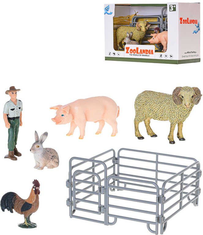 Fotografie Zoolandia farma herní set zvířátka 4ks s farmářem a ohradou plast