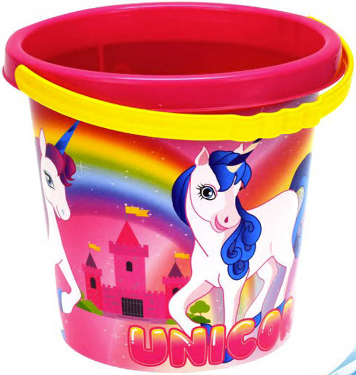 Fotografie Baby kbelík na písek jednorožec 17cm holčičí růžový s obrázkem Unicorn