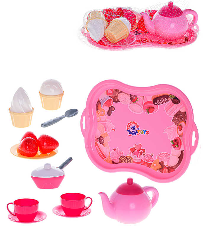 Fotografie Čajový set dětské nádobíčko s podnosem a sladkostmi 15ks v síťce plast