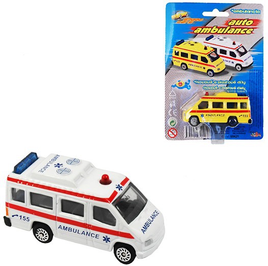 Fotografie Auto Ambulance kovová sanitka 7cm sanitní vůz 2 barvy na kartě
