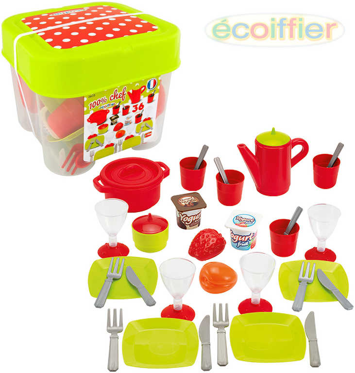 ECOIFFIER Set dětský jídelní plastové nádobí s potravinami 36ks v boxu