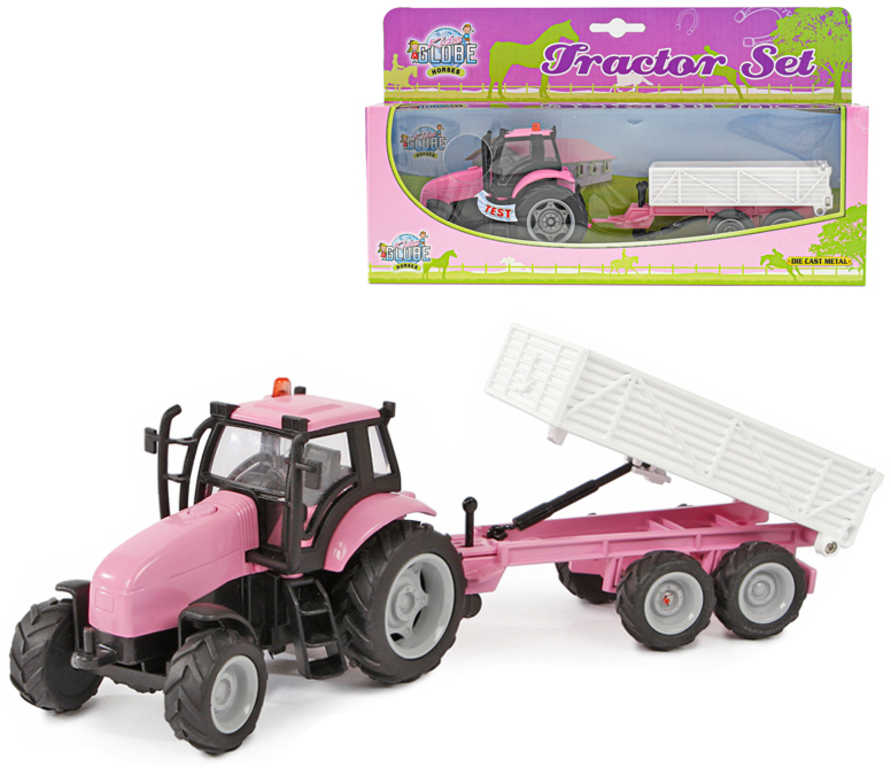 Fotografie Traktor kovový růžový set s vlečkou 25cm na baterie Světlo Zvuk A46:179286