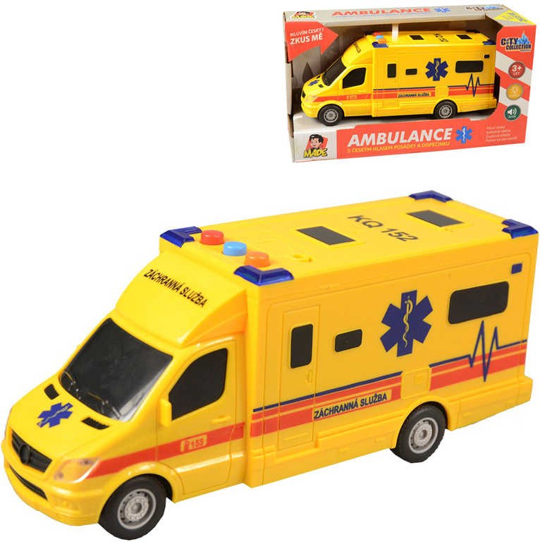 Fotografie Auto sanitka žlutá na setrvačník 19cm ambulance na baterie Světlo Zvuk CZ