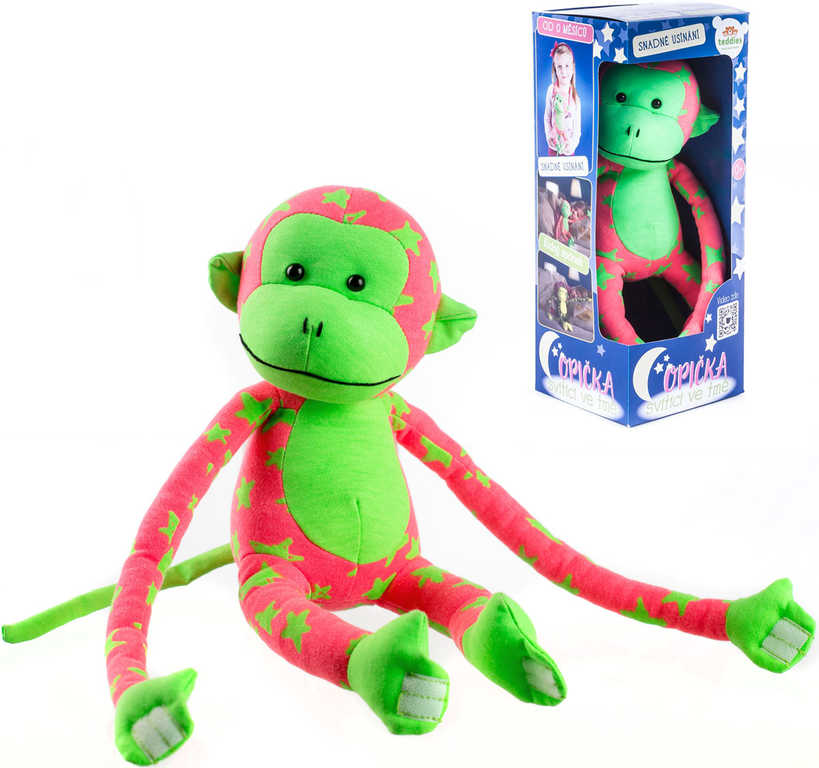Fotografie Opice svítící ve tmě plyš 45x14cm růžová/zelená v krabici