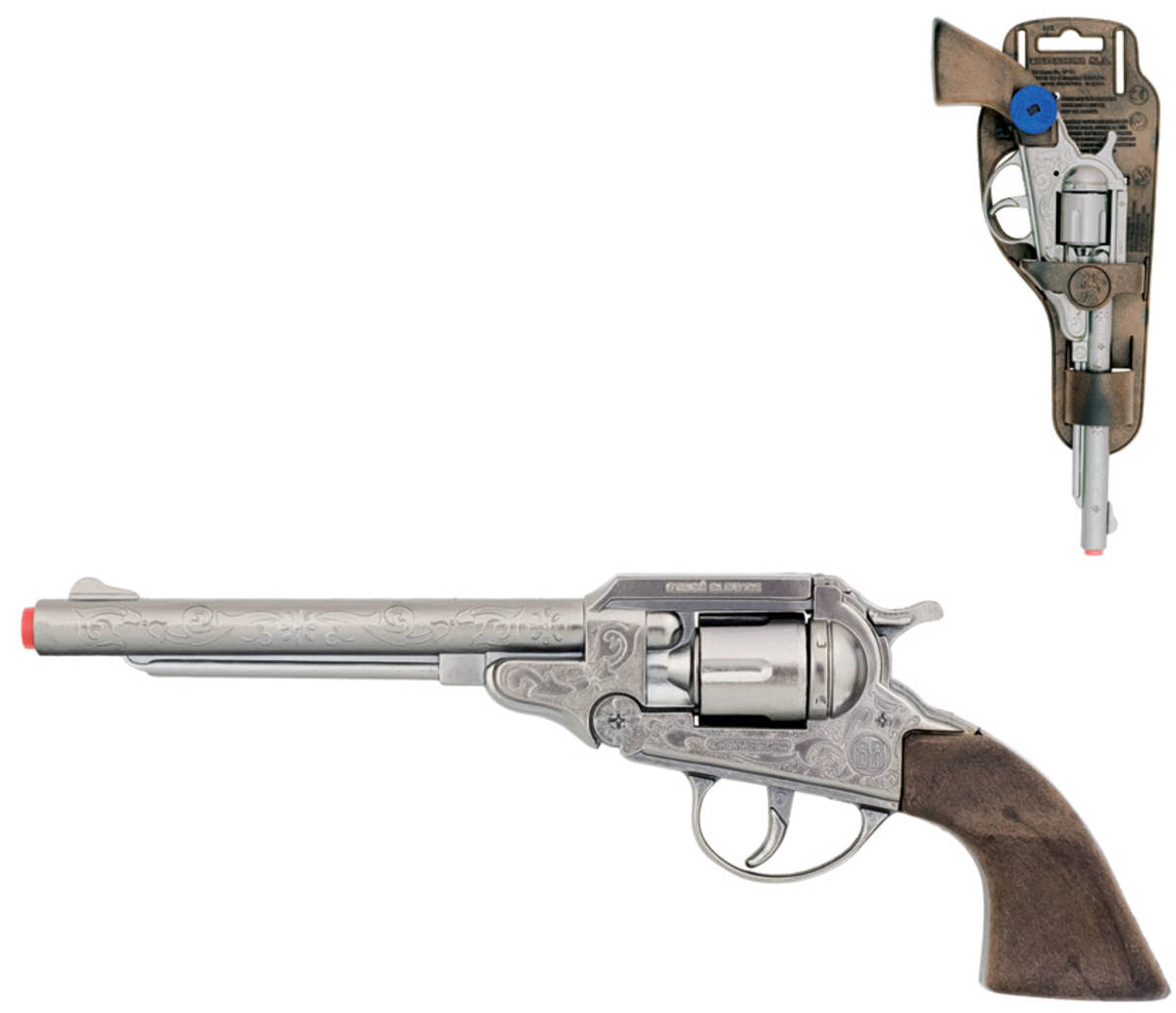 Fotografie Revolver stříbrný kovbojský dětská kovová zbraň kapslovka na 8 ran