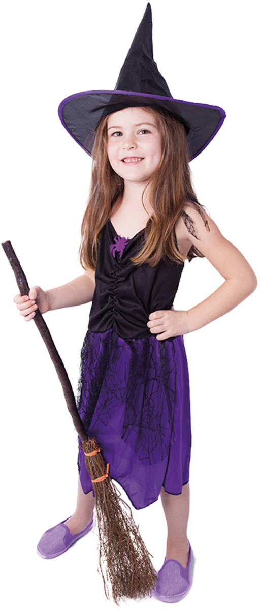 Fotografie KARNEVAL Šaty čarodějnice fialové s kloboukem vel. M (116-128cm) 6-8 let *KOSTÝM*