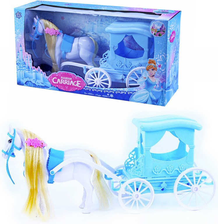 Kočár modrý set s koněm s čeascí hřivou zimní království v krabici plast