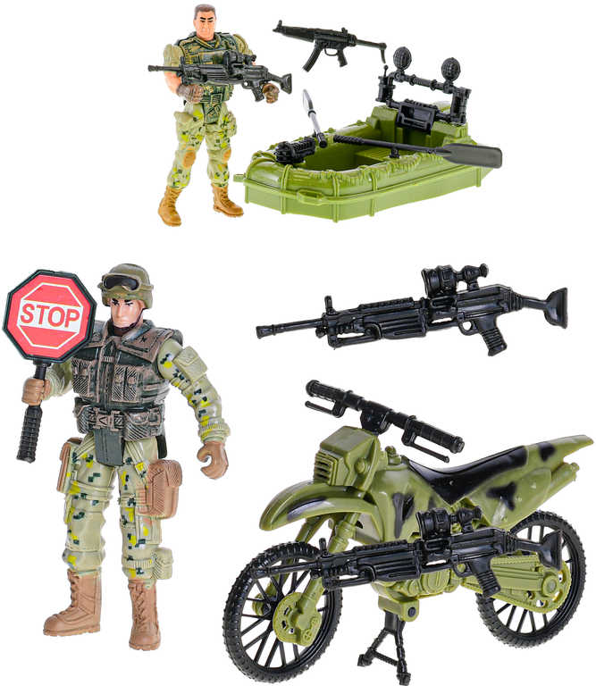 Fotografie Voják kloubový stojící 10cm s motocyklem / člunem a zbraní 2 druhy plast