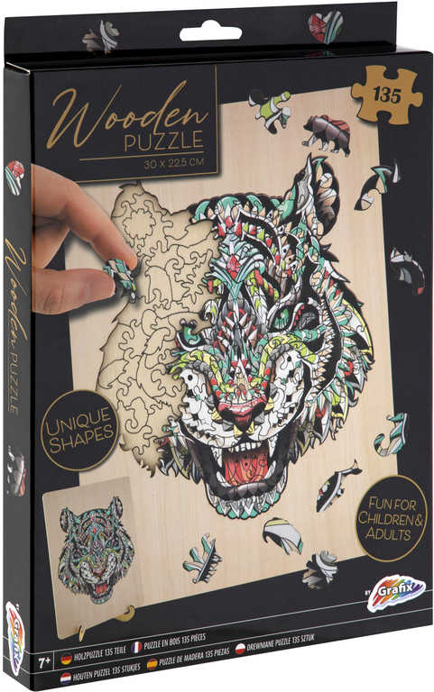 Fotografie DŘEVO Puzzle obrysové na desce Tygr 135 dílků set skládačka se stojánkem