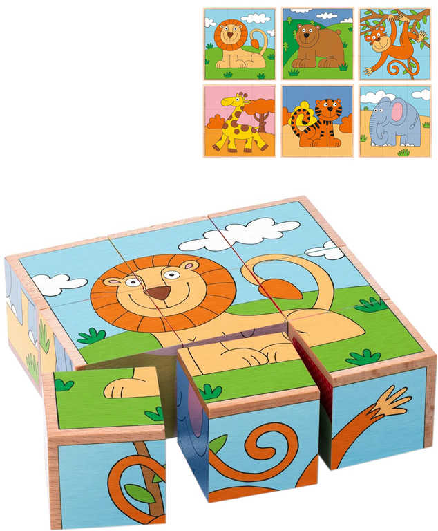 WOODY DŘEVO Kubus Exotická zvířata obrázkové kostky set 9ks v krabici