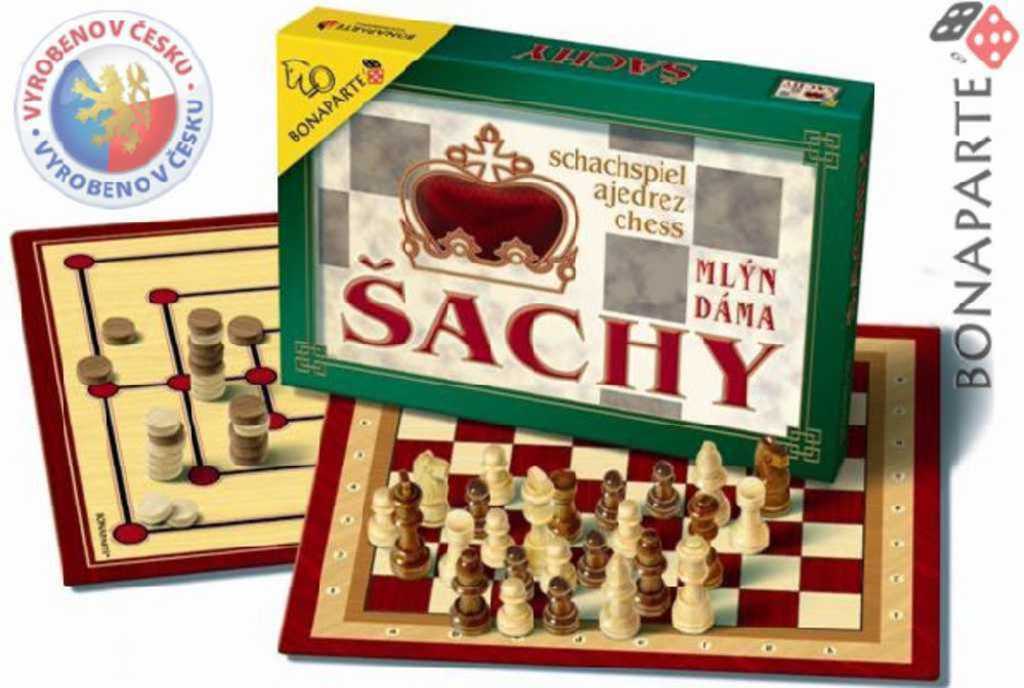 Fotografie Šachy, dáma, mlýn společenská hra v krabici 35x23x4cm