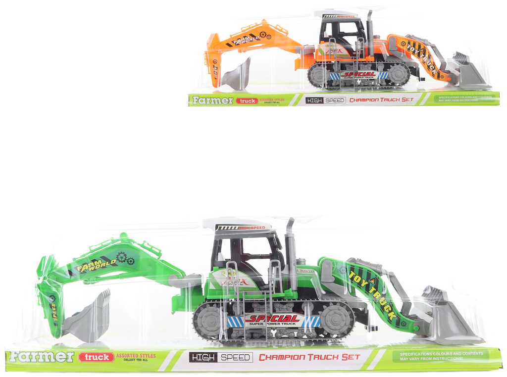 Traktor 43cm bagr stavební pásový se 2 lžícemi 2 barvy blister plast