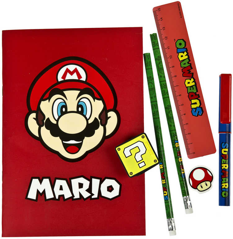 Fotografie Školní potřeby Super Mario 7ks set s blokem A5 v plastovém pouzdře