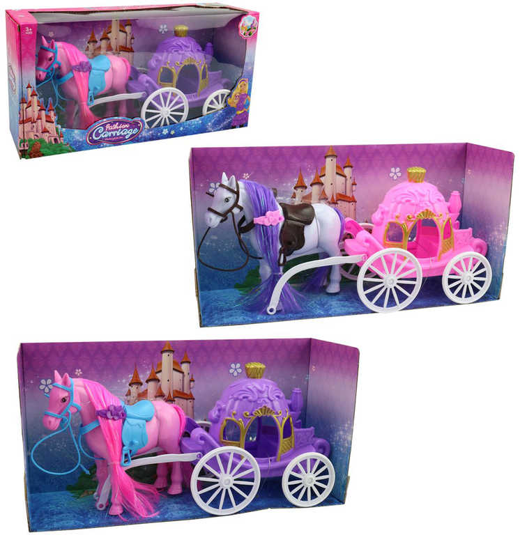 Fotografie Kočár pro princeznu herní set s koněm 34cm 2 barvy plast