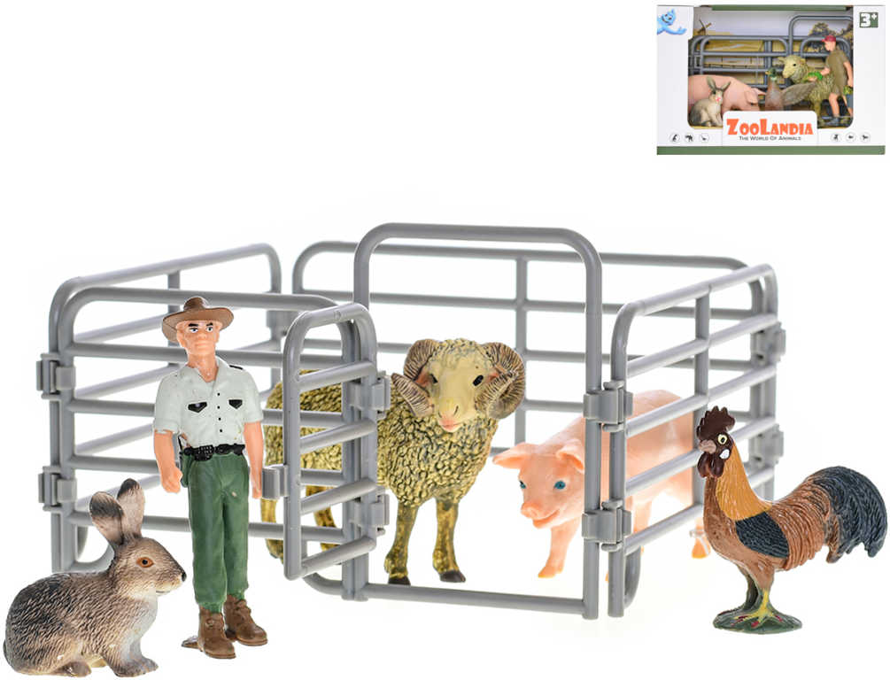 Fotografie Zoolandia farma herní set zvířátka 4ks s farmářem a ohradou plast 2 druhy