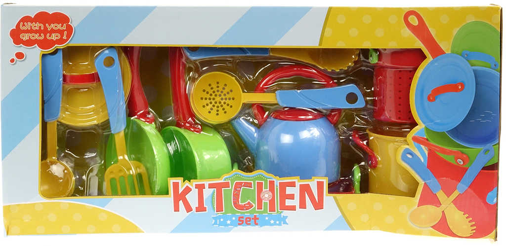 Fotografie Dětské barevné nádobí plastové set s kuchyňskými nástroji v krabici