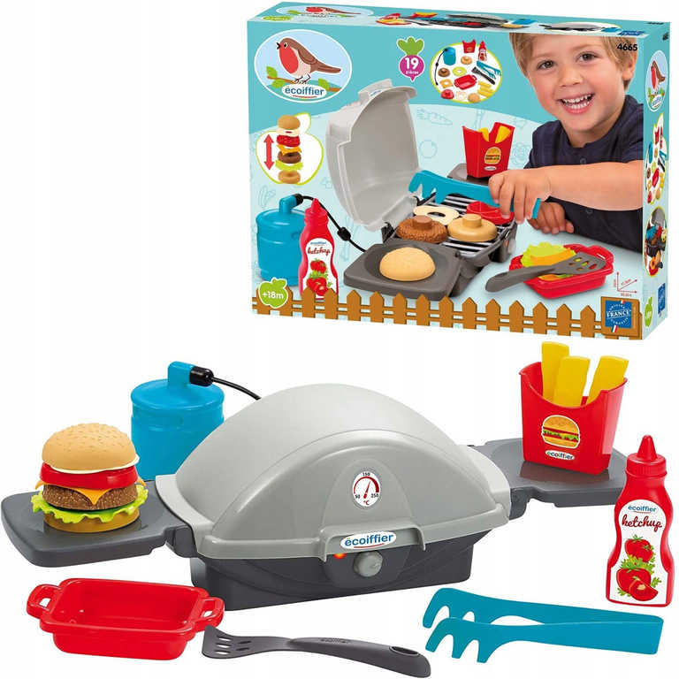 Fotografie ECOIFFIER Dětský Burger Grill Barbeque plynový set s maketami potravin a nástroji