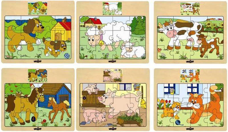 Fotografie WOODY DŘEVO Puzzle na desce Zvířátka domácí s mláďátky 6 druhů