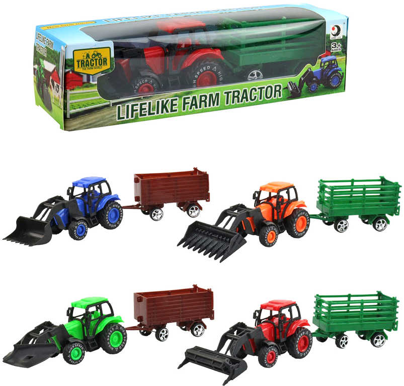 Fotografie Traktor zemědělský 9cm set s vlečkou a nástrojem 4 druhy v krabici plast