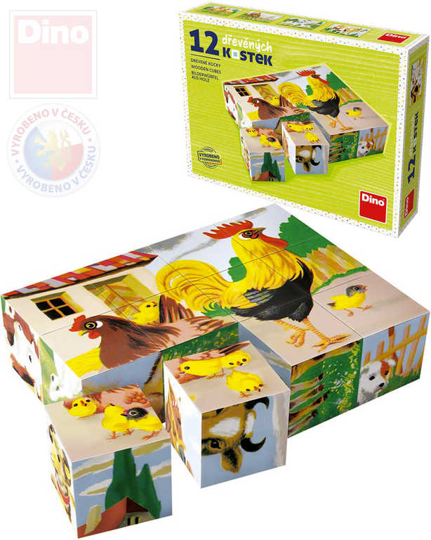 Fotografie Kostky kubus Domácí zvířátka dřevo 12 ks v krabičce