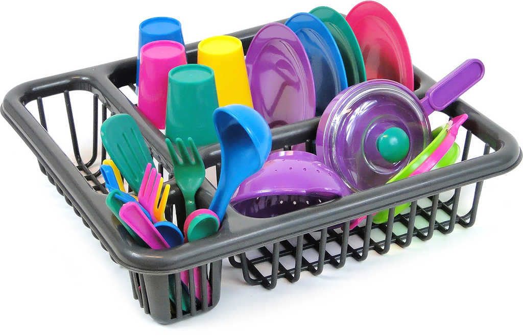 Fotografie Nádobí dětské barevné kuchyňský set s odkapávačem a houbičkou plast