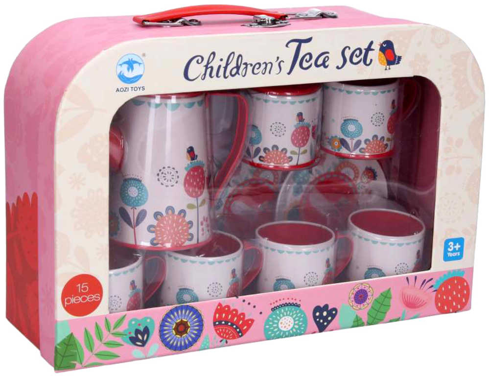 Sada dětské malované nádobí čajový servis kovový 15ks v kufříku