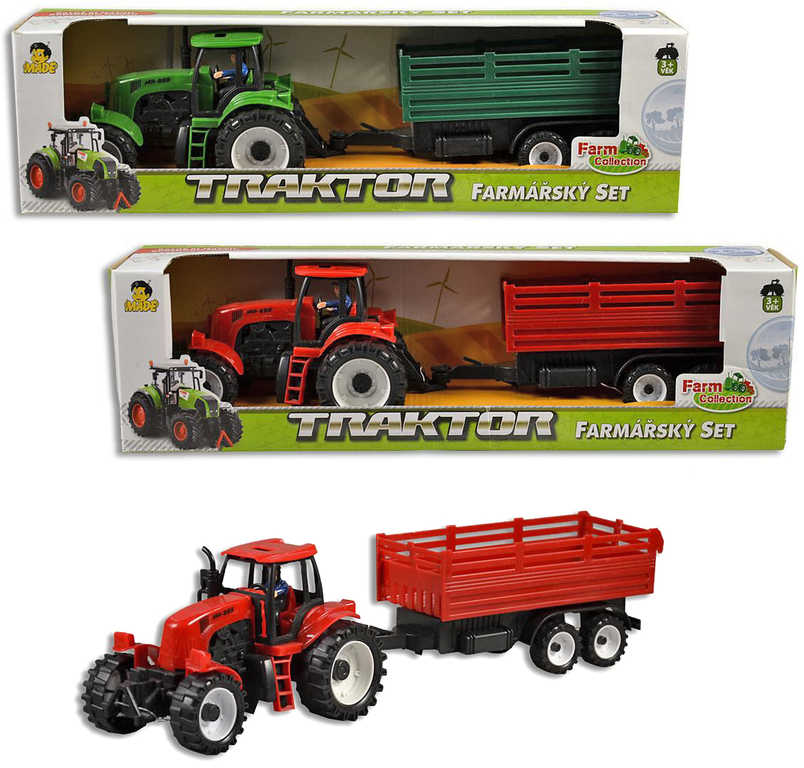 Traktor zemědělský set s přívěsem 43cm v krabici 2 barvy plast