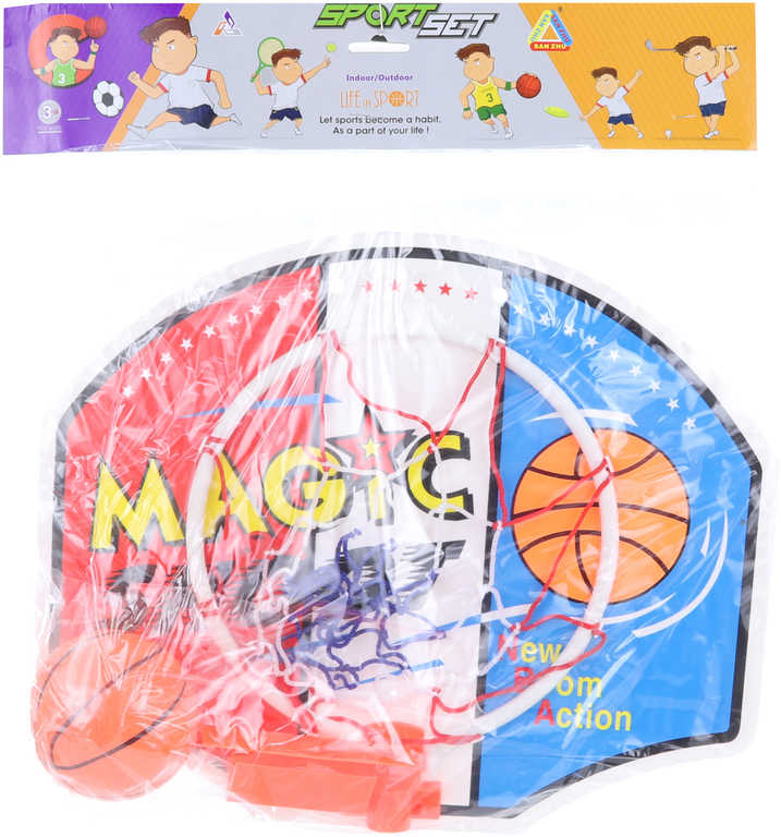 Fotografie Basketbalový set deska 40x33cm s košíkem a míčem na košíkovou v sáčku