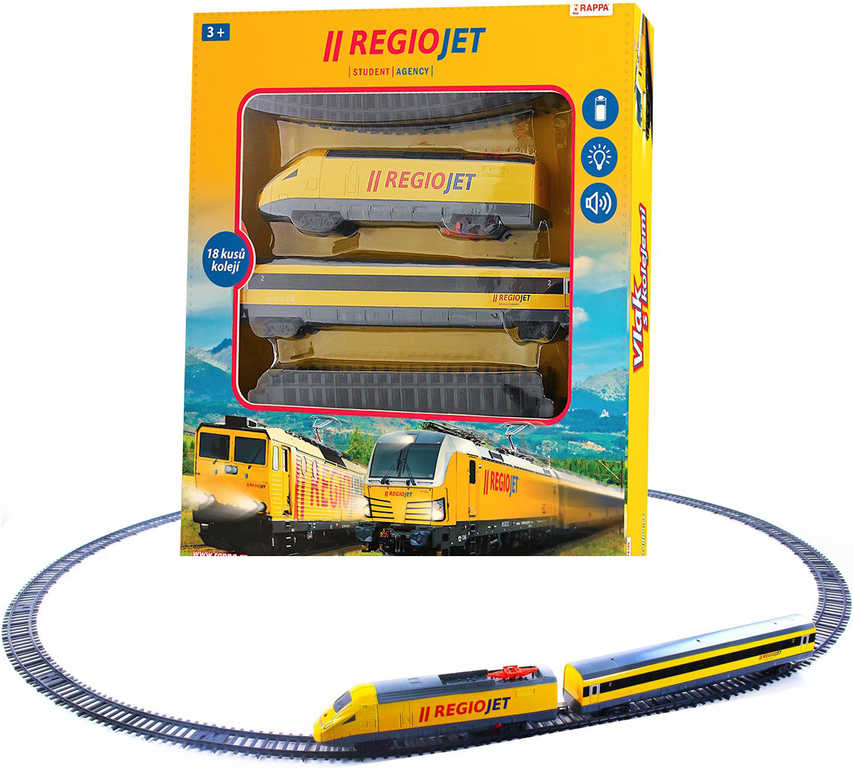 Fotografie Vlak žlutý RegioJet s kolejnicemi 18ks plast se zvukem a světlem v krabici 38x43x6cm