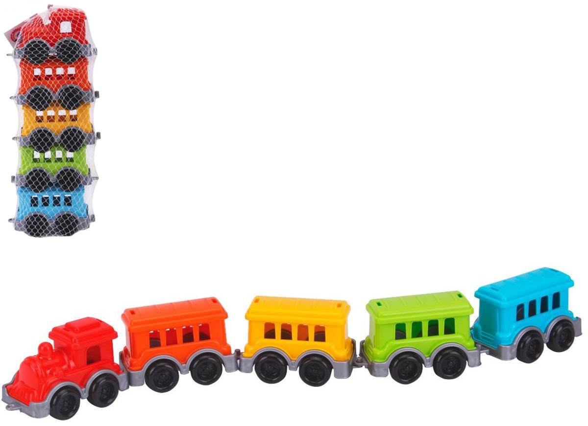 Fotografie Vláček barevný set mašinka + 4 vagonky duhový plast v síťce