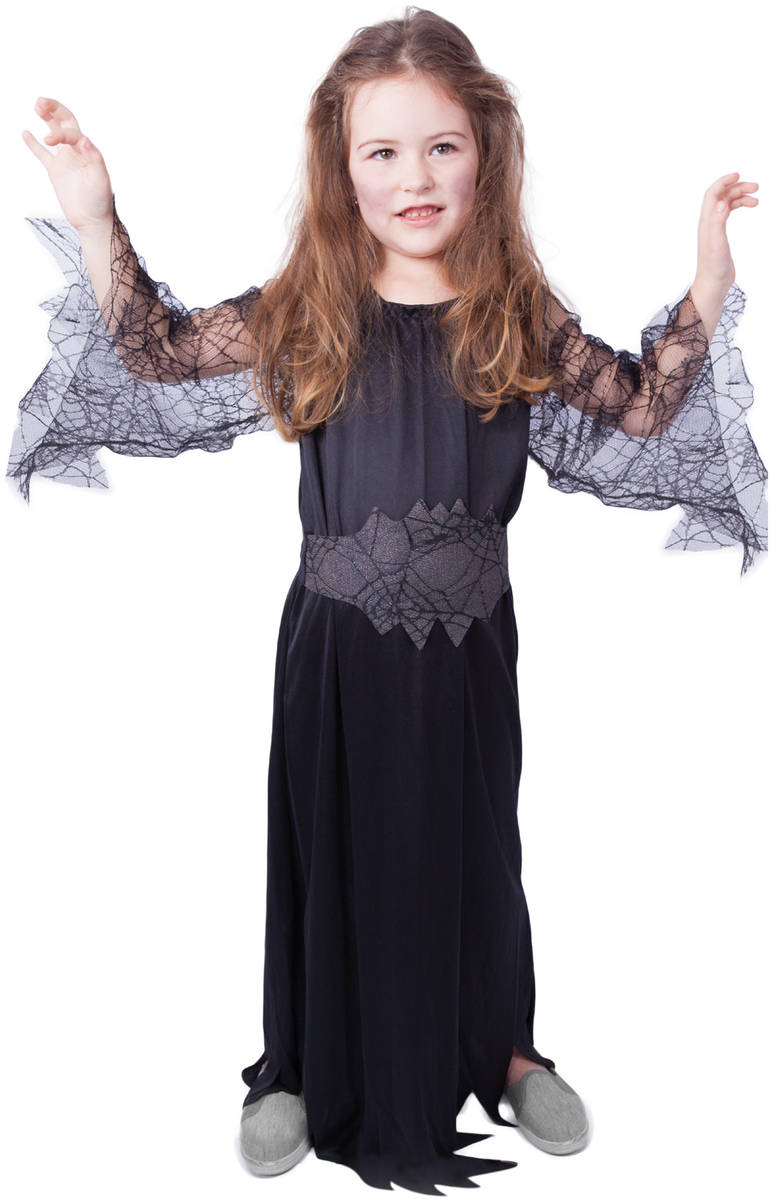KARNEVAL Šaty čarodějnice s pavučinou černé vel. S (105-116cm) 4-6 let *KOSTÝM*