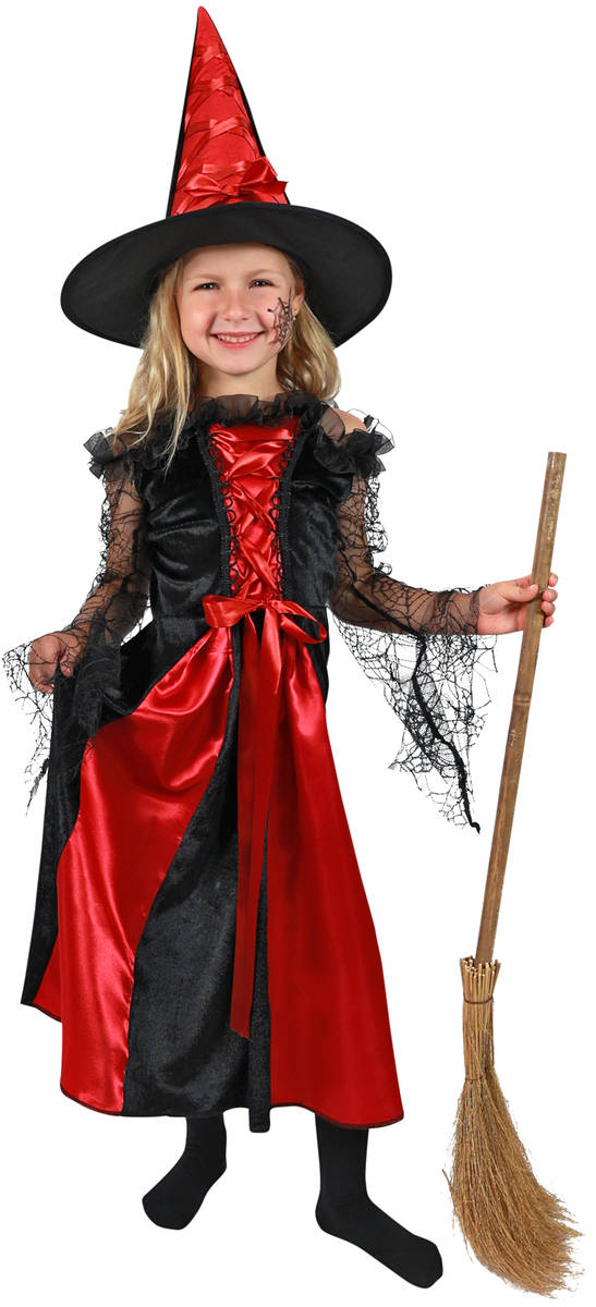 KARNEVAL Šaty čarodějnice černo/červené vel. M (120-130cm) 6-8 let *KOSTÝM*