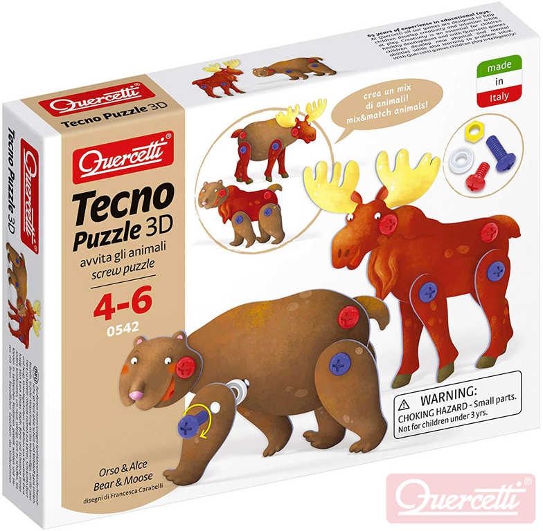 Fotografie QUERCETTI Tecno Puzzle pohyblivé 3D medvěd + los 26 dílků STAVEBNICE
