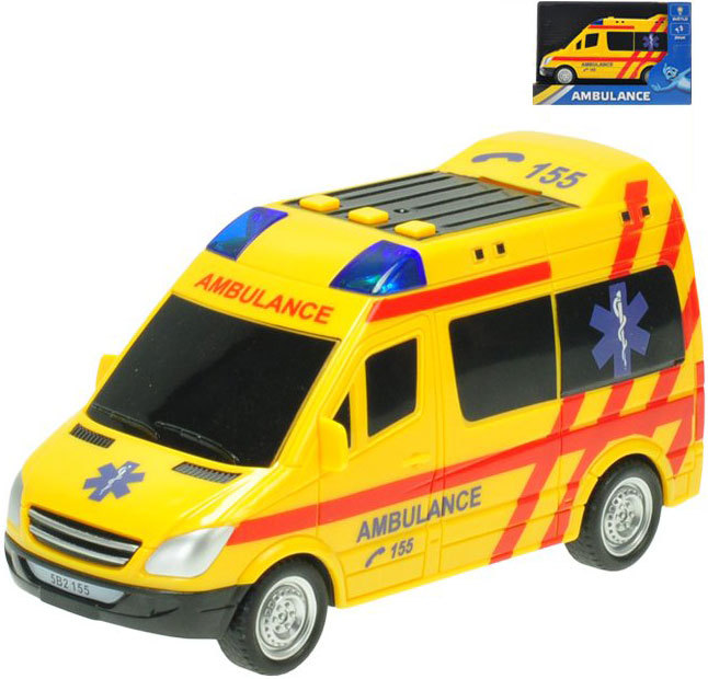 Fotografie Auto ambulance 18cm sanitka na baterie na setrvačník Světlo Zvuk v krabici
