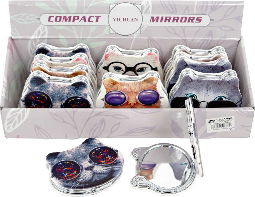 Zrcátko stylové vyklápěcí oboustranné dětské 8cm kočka v brýlích 6 druhů