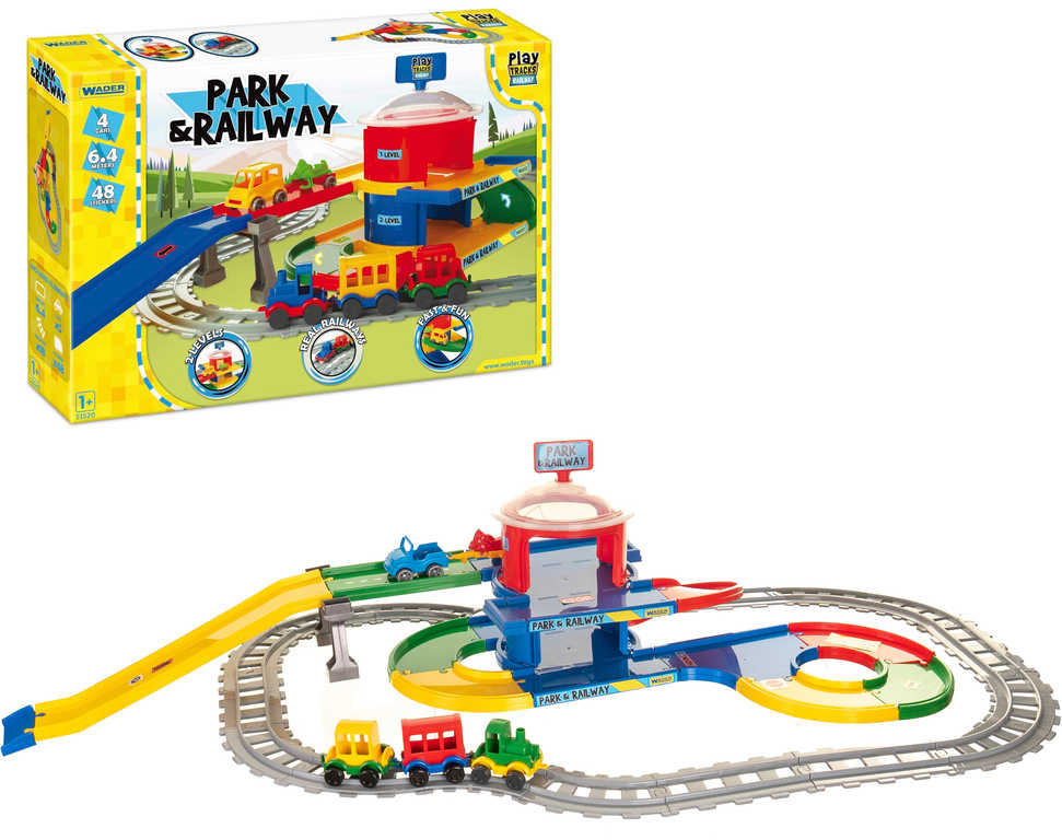 Fotografie Play Tracks - vlak s kolejemi plast 4ks autíček,délka dráhy 6,4m s doplňky v krabici 80x53x14cm 12m+ Wader
