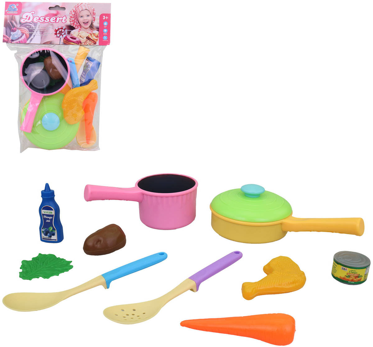 Kuchyňská sada dětské barevné nádobí + makety potravin plast