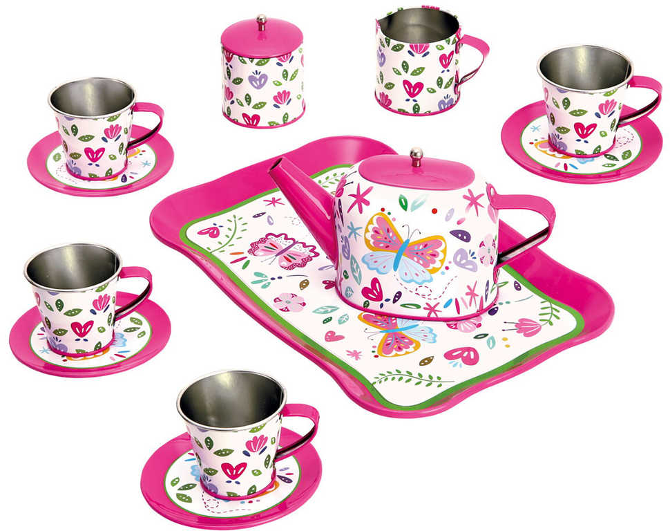 Fotografie BINO Čajový set dětský růžový 14ks nádobíčko s tácem a konvicí