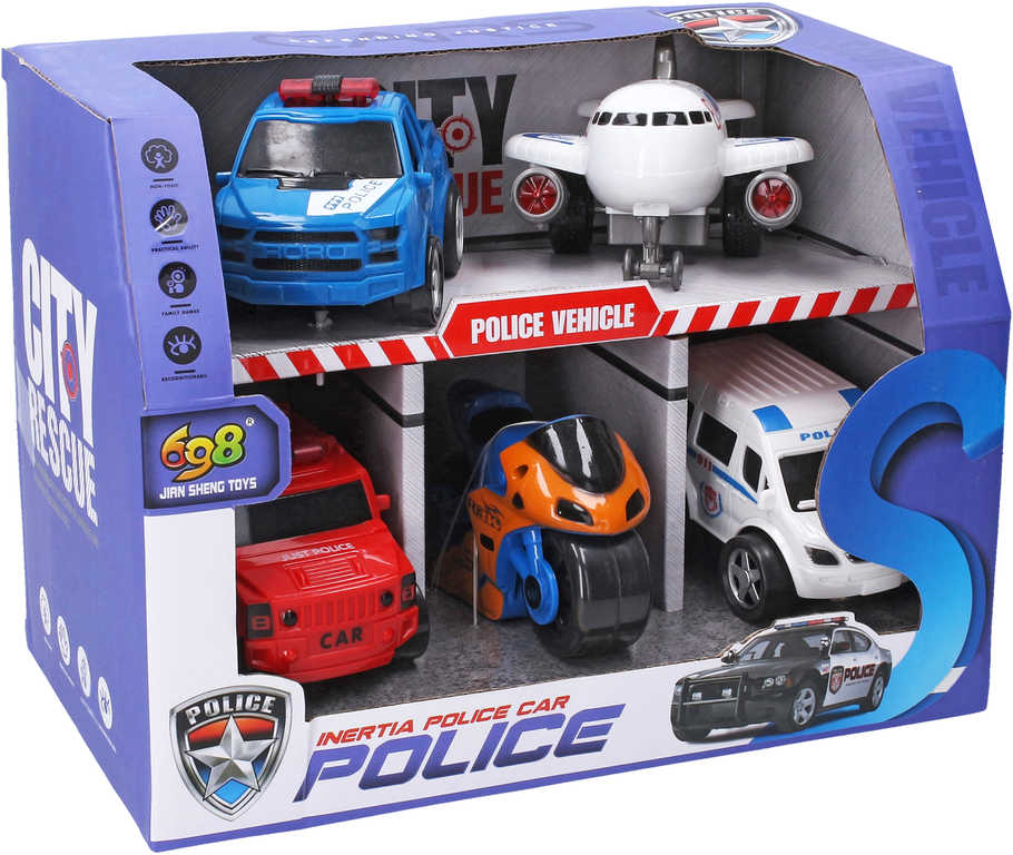 Policejní dopravní prostředky set 5ks auta s motocyklem a letadlem na setrvačník