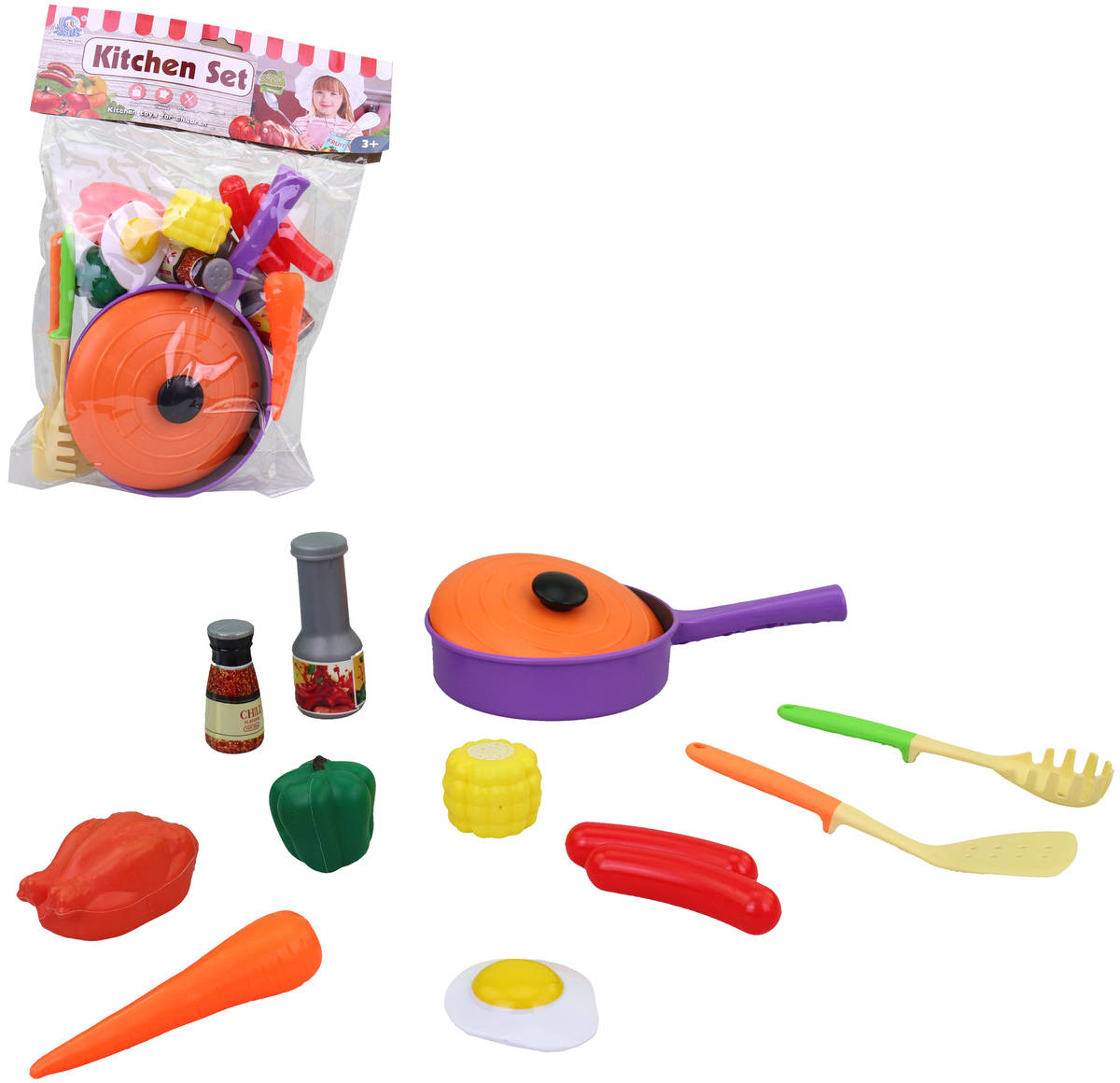 Kuchyňská sada barevné dětské nádobí + makety potravin plast