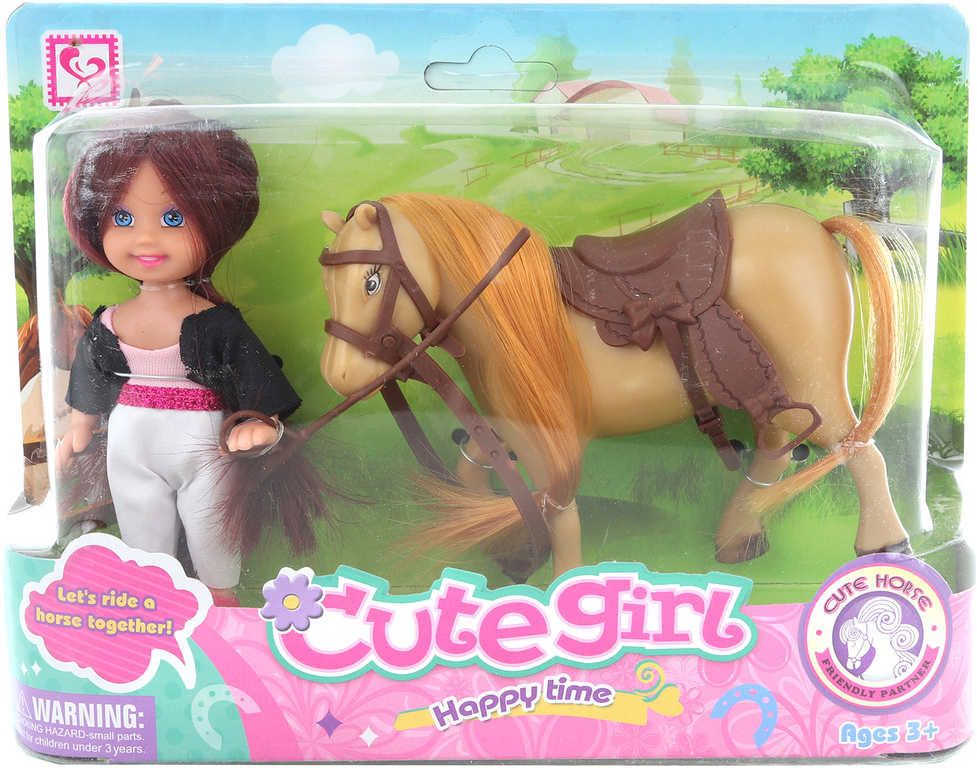 Fotografie Jezdecký set kůň osedlaný 12cm + panenka žokejka v krabici plast